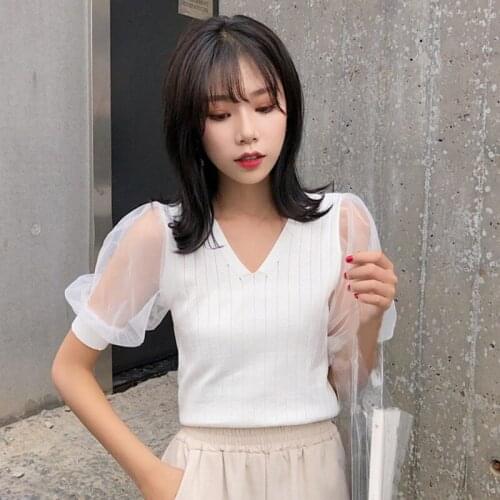 DAXIN Ice Silk Sweater Lantern Sleeve V-neck Bottoming Shirt Short Sleeve Top Black One Size