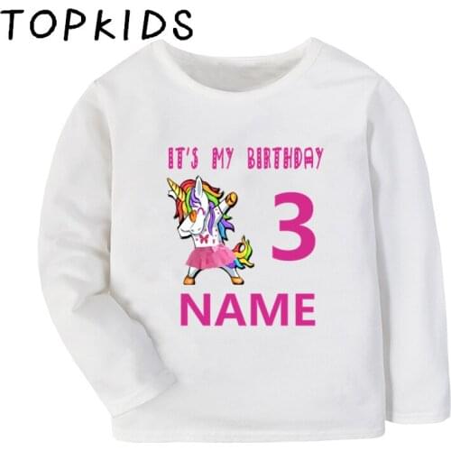 Customized Name Birthday T shirt Dabbing Unicorn Cartoon Number Girls Clothes Baby Tops Kids Cute Long Sleeve T-shirt,LKP5250