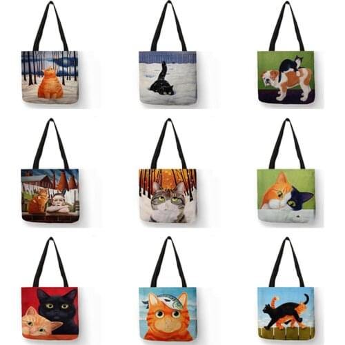 Eco Reusable Shopping Bag Cat Art Oil Painting Print Totes Ladies Shoulder Bags Linen Fabric Outdoor Beach Bag Casual Handbag