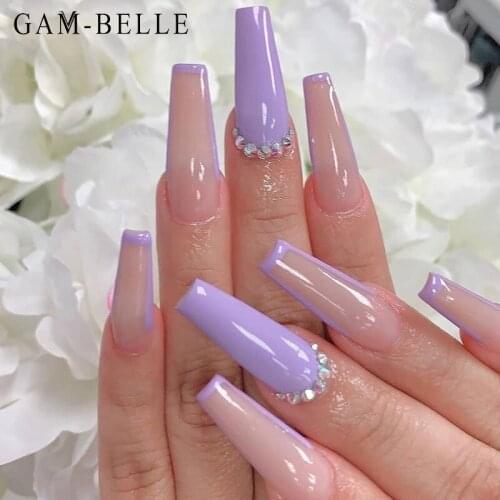 GAM-BELLE Purple Fake Nails with AB Rhinestones Detachable Long Coffin Full Cover Beauty Artificial False Nails Manicure Tools