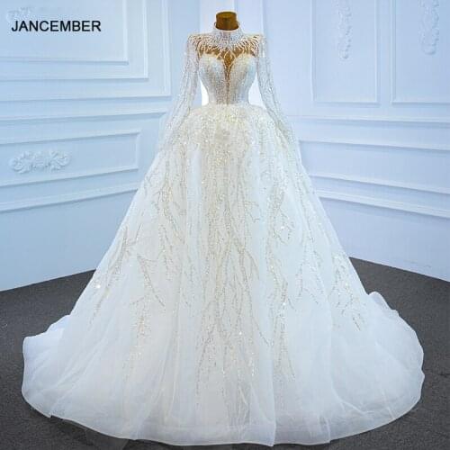 J67226 JANCEMBER Elegant White Wedding Dresses 2021 Long Sleeve High Neck Pearls Beading Ball Gowns