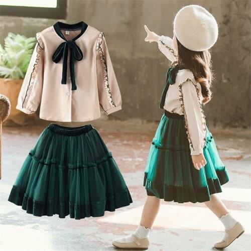 2020 Princess Clothing Set Girls Bow Blouse and Solid Lace Skirt Two Piece Girl Set Spring Autumn School Teenage Skirt Sets