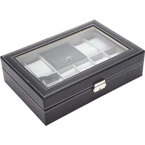 Watch Box 10-Slot Leather Watch Case Organizer Watch Holder Jewelry Storage Box for Men Glass Top Birthday Presents B03B