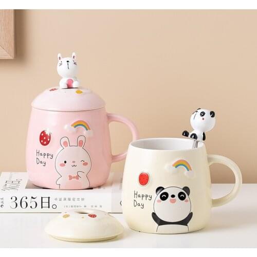 Creative Ceramic Cup Daily Department Store Cartoon Lovely Pattern Relief Mug Student Mug Practical Gift with Lid and Spoon
