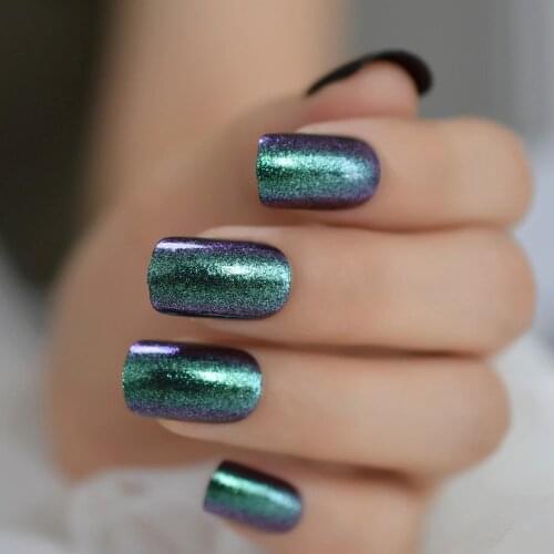 Shimmer Glitter Emerald Nails 24Pcs Holo Dark Green UV Gel Press on Fake False Nail Art Daily Office Finger Wear Nails Art