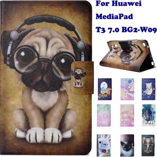 Fashion Stand Flip PU Leather Case For Huawei MediaPad T3 7.0 BG2-W09 Tablet Smart Case Cover Fundas Coque Dog Panda Elephant