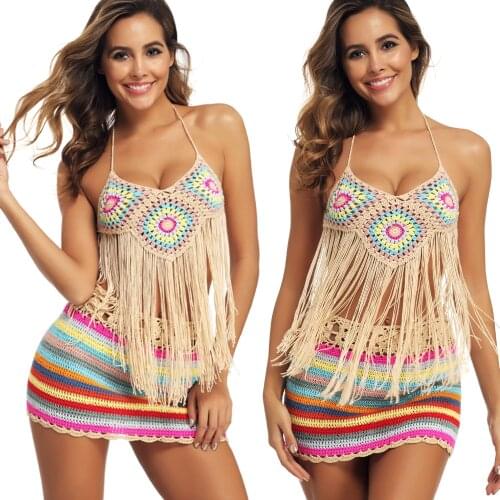 Fashion Women Crochet Colorful Stripes Bikini Swimwear Sexy Off Shoulder Crop Top Short Skirts Crochet Swimsuit