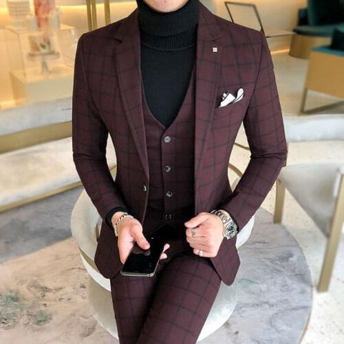 Fashionable Mens Plaid Suits Gray Blue Slim Fit Men Business Banquet Suit Set Size S M L XL XXL XXXL 4XL 5XL Male Wedding Suit