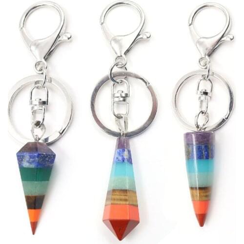 Fashion Charm Pyramid 7 Chakra Keychains Key Ring Key Holder Reiki Natural Stone Pendant for Car Bag Decoration Keychain Gifts
