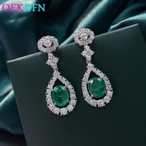 OEKDFN 100% 925 Sterling Silver Drop Earrings For Women Claasic Emerald Gemstone Wedding Jewelry Ladies Dangle Earrings Gift