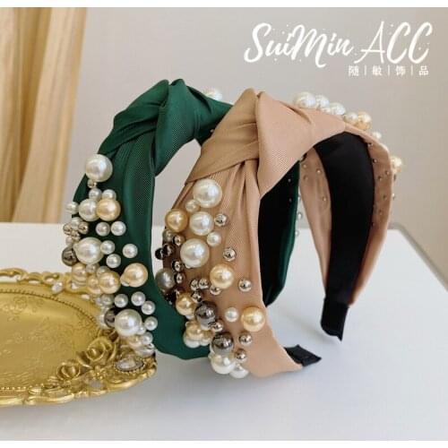 Full Pearl Solid Color Headbands Makeup Hair Bands Handmade Boutique Alloy Pearl Ball Knotted Wide Hair Hoops Headwear Wholesale