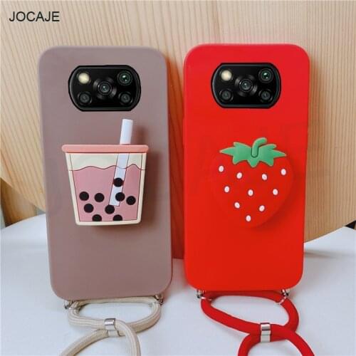 Crossbody Necklace 3D Cartoon Stand Shockproof Case For Xiaomi POCO X3 NFC M3 F3 Pro Soft TPU Kickstand Phone Protective Cover