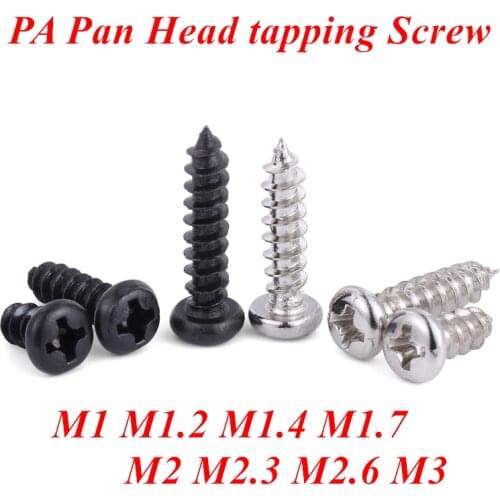 1000pcs Self Tapping Screws PA M1 M1.2 M1.4 M1.5 M1.7 M2 M2.3 M2.6 M3 Small Phillips Pan Head Laptop Screws computer screw Black