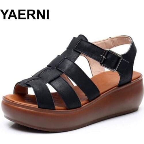 YAERNI2020 Gladiator Genuine Leather Sandals For Women Wedge Sandals Ladies High Heel Casual Platform Sandals Summer Shoes