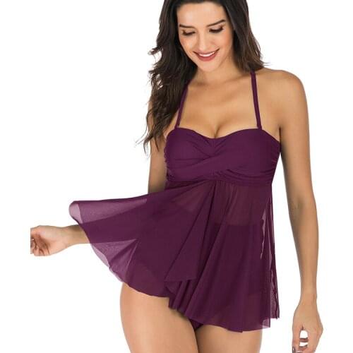 Sexy Mesh Swimsuit Womens Two Pieces Swimsuits Swimwear with Mid Waist Brief Halter Tankini Set Padded Bathing Beachwear S~XL