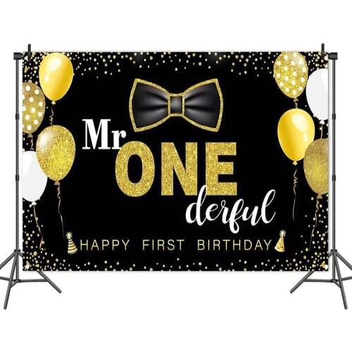 Black Bow Tie Gold Balloon Boys First Birthday Backdrop Photography Photo Baby Party Table Decorated Vinyl Background Banner