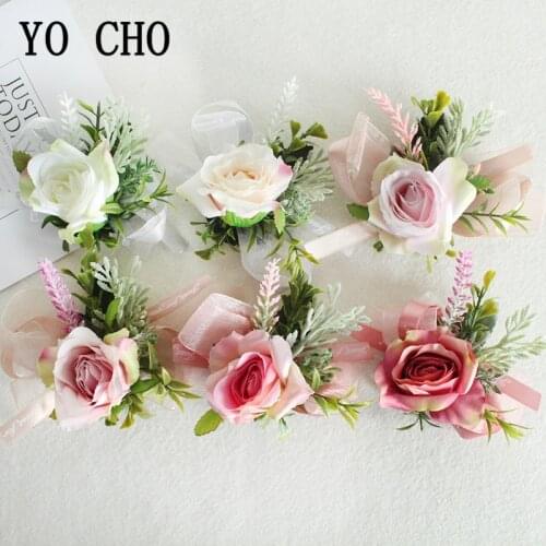 YO CHO Wrist Corsage Bracelet for Bridesmaid Silk Wedding Flowers Bracelet Boutonniere Buttonhole Wedding Marriage Groom Corsage