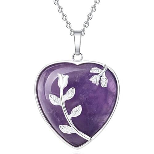 FYJS Unique Silver Plated Leaf Flower Wrap Love Heart Amethysts Stone Pendant Link Chain Necklace Red Agates Jewelry