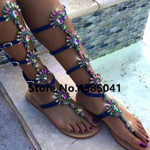 Bohemia Style Summer Flats Sandal Gladiator Gold Rhinestone Knee High Buckle Strap Woman Boots Crystal Beach Shoes Plus size 43