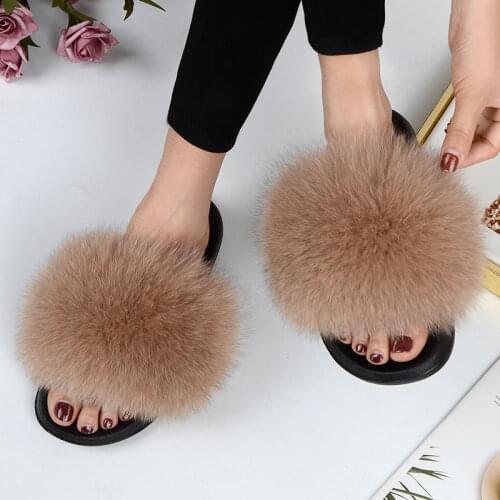 2021 Fox Fur Slippers Women Home Fluffy Sliders Comfort Furry Summer Flats Sweet Ladies Shoes Female Furry Indoor Flip Flops
