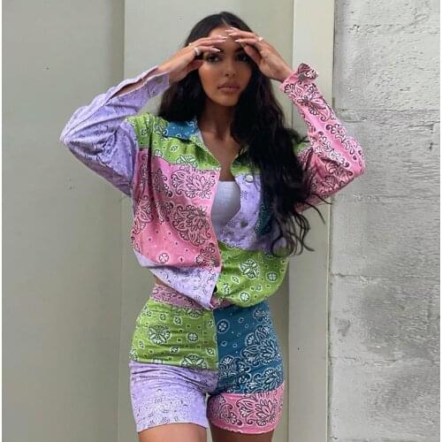 Women Two Piece Sets Button Up Long Sleeve Bandana Paisley Print Shirt And Patchwork Biker Short Outfit