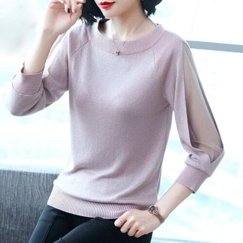 Spring Autumn Style Women Knitted Pullover T-shirts Lady Casual Long Lace Sleeve O-Neck Patchwork Loose Pullover Shorts ZZ0855