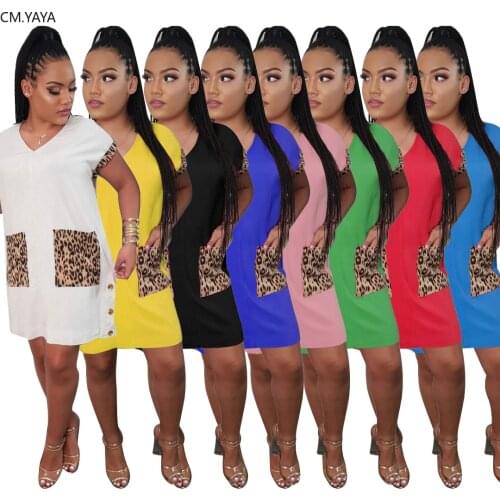 CM.YAYA leopard print women v-neck short sleeve button up slim casual dress party beach dresses vestidos