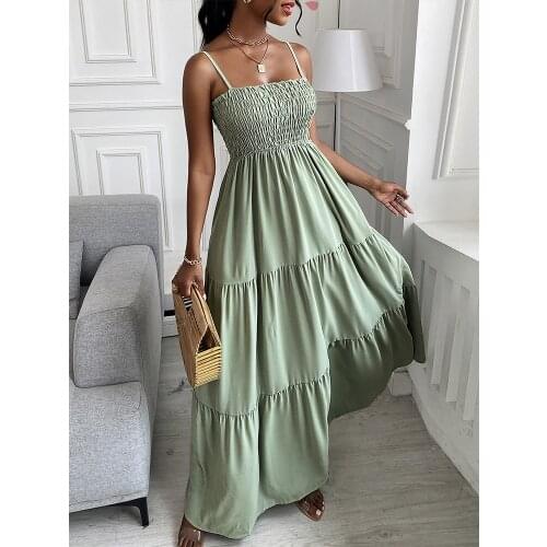 Y2k Summer Traf Shirring Detail Ruched Casual Maxi Sexy Party Dresses 2021 Women Elegant Evening Dress