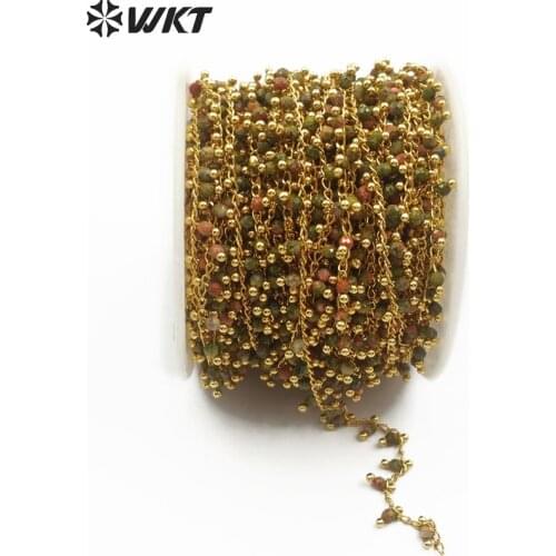 WT-RBC088 Beautiful Unakite Rondelle Bead Rosary Chain 3mm Round Shape Gem stone Brass Wire Wrapped Chain For Jewelry Making