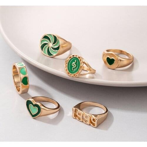 6Pcs New Charms Tai Chi Heart Cute Ring Sets for Women Girls Red Green Dripping Oil Fire Gold Metal Wedding Couple Retro Jewelry