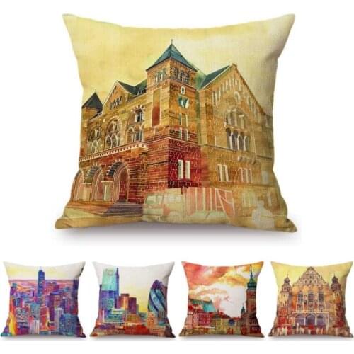 Watercolor Cityscape Building Landmark Architectures Colorful Home Decorative Pillow Case Cotton Linen Chair Sofa Cushion Cover