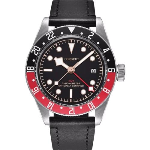 Corgeut Mechanical Men Automatic Watch sapphire glass GMT Sport Swim Clock Leather Wristwatch Luxury top Brand Relojes Hombre