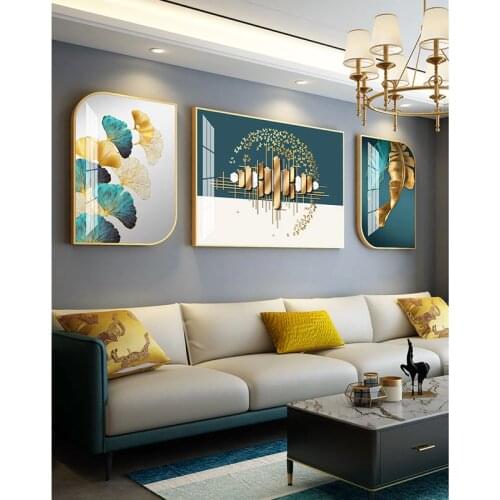 Living Room Decoration Triptych Blue-Green Painting Crystal Porcelain Picture With Metal Frame Modern Luxury Sofa Background Wal