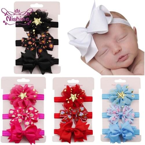 Nishine 3pcs/lot Hair Accessories Kids Elastic Floral Headband Girls Baby Bowknot Hairband Set Casual Solid Cute Baby Headwear