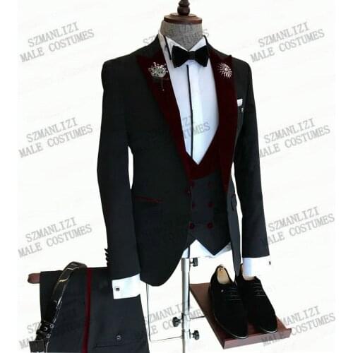3 Pieces Black Men Suits For Wedding Latest Designs Groom Tuxedos Burgundy Velvet Lapel Suit For Men Groomsmen Best Man Blazer