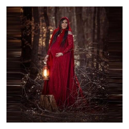 Red Lace Maternity Photo Shoot Dresses With Cloak Floor Length Long Sleeves Sweep Train Bridal Pregnancy Dressing Gowns