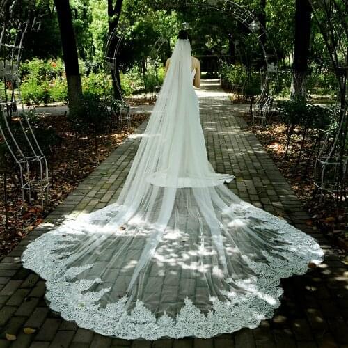 JaneVini Gorgeous Cathedral 4M Lace One Layer Bridal Veils with Comb Retro Appliques Edge Ivory Brides Veil Wedding Accessories
