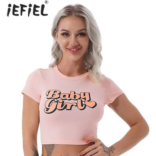 Summer Women Fashion Short Sleeve Slim Fit Crop Top Letter Print Ribbed Shirts Tops Round Neck Bodycon Lingerie Casual Clubwear
