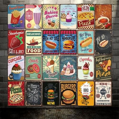 [ Mike86 ] Foods Style BBQ Pizza Hamburger Hot Dog Cupcake Metal Sign Tin Poster Home Decor Bar Wall Art Painting 20*30 CM DD-9