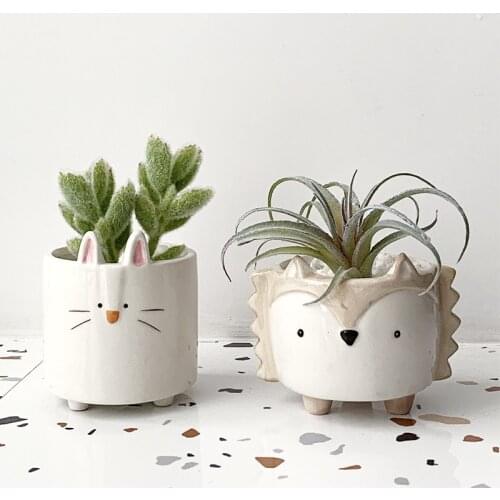 Cartoon Succulent Ceramic Flower Pot Cute Pot Hedgehog Bunny Puppy Small Animal Flower Pot Creative Bedroom Desktop Decoration