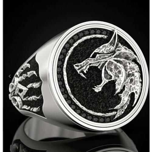 Hot Sale Ring for Men Fashion Personality Round Wizard Hunter Wolf Head Inlaid Rhinestone Ring Jewelry Factory Direct Sales