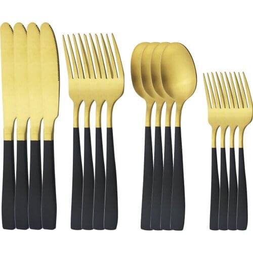 16pcs Black Gold Tableware Stainless Steel Cutlery Set Kitchen Dinner Knives Dessert Forks Spoons Sliverware Set Dinnerware Set