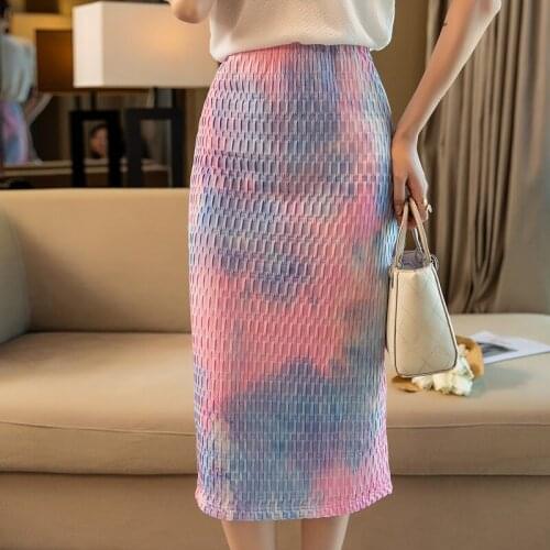 TIYIHAILEY Free Shipping 2021 Fashion Elegant Long Mid-Calf Women Straight S-L High Waist Spring Stretch Skirts Summer Tie Dye