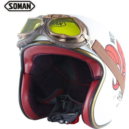 SOMAN Vintage Motorcycle Helmet with Goggles Retro Helm Open Face Motorbike Helmet Cascos de Moto DOT Approval SM512