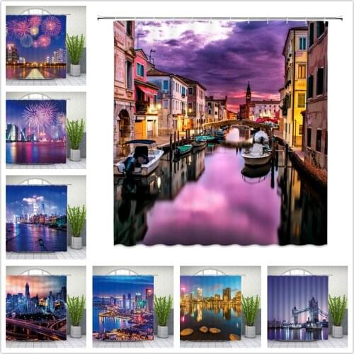 City Landscape Shower Curtains Houses Building Fireworks Bathroom Decor Waterproof Polyester Cloth Hanging Curtain Set With Hook