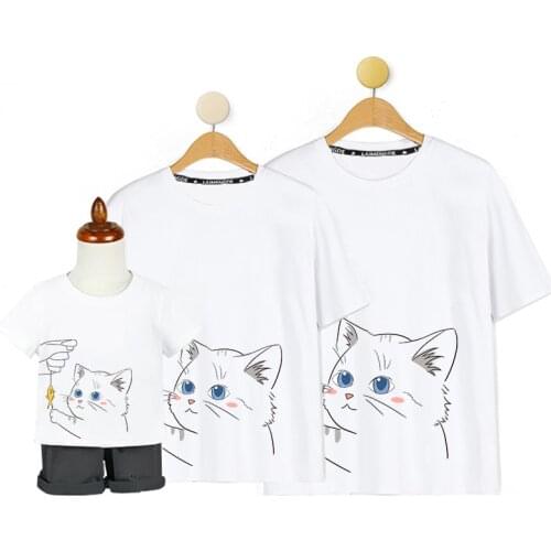 Cat Fish Printing Cute Family Matching Clothes Women 3XL Pink Cotton Top Tees Children Father Matching Outfits TShirts