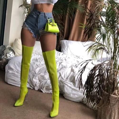 New Mesh Neon Green Sandal Boots Women Fashion Over The Knee Boots Pointed Toe High Heels Party Shoes Woman Thigh High Boots