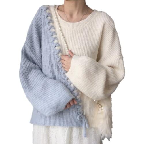 Autumn Winter Chic Patchwork Colors Streetwear Oblique Bandage Sweater Women Casual Knitted Jumper Fashion Pullovers Knitwear