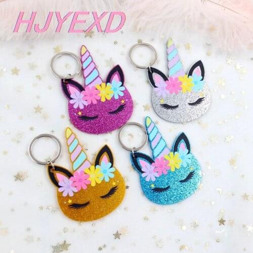 2.0 /3.0inches Acrylic Unicorn Keychain Horn Eye Floral Unicorn Keychain With Ring Mixed Glitter Laser Cutout 76mm-KC022
