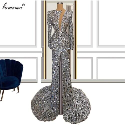 2 Designs Long Mermaid Prom Dresses Sequins Dubai Cocktail Party Dresses For Women Silver Evening Gowns Vestido De Fiesta